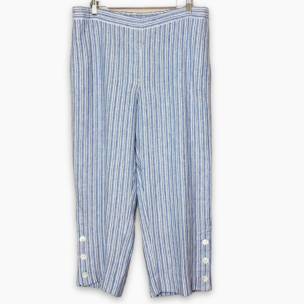 Chico's 100% Linen Blue Striped Pants 2.5 US 14 Cropped Pull On Pants Button Hem